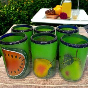 Margarita Glasses - Green with Blue Rim and Fruit Motif, Set of Six
